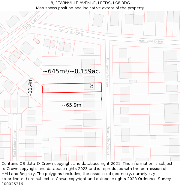8, FEARNVILLE AVENUE, LEEDS, LS8 3DG: Plot and title map