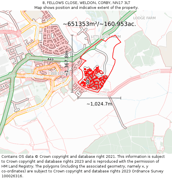8, FELLOWS CLOSE, WELDON, CORBY, NN17 3LT: Plot and title map