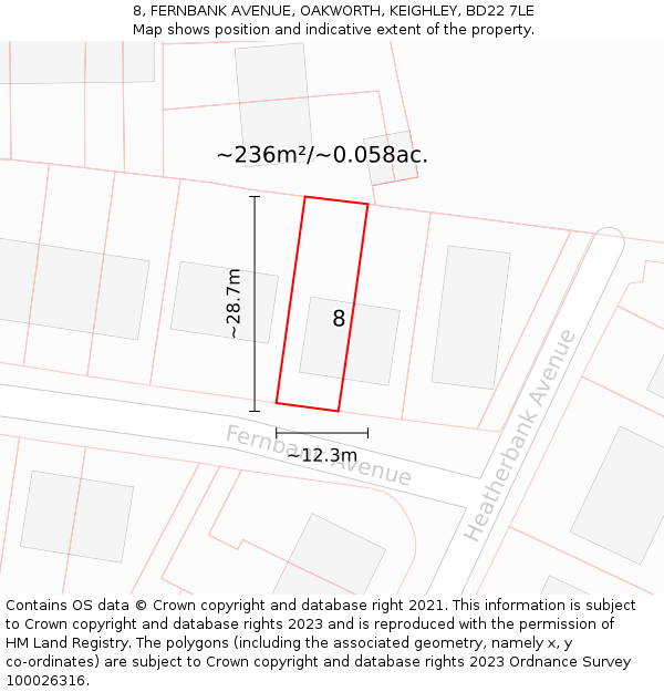 8, FERNBANK AVENUE, OAKWORTH, KEIGHLEY, BD22 7LE: Plot and title map
