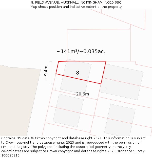 8, FIELD AVENUE, HUCKNALL, NOTTINGHAM, NG15 6SQ: Plot and title map