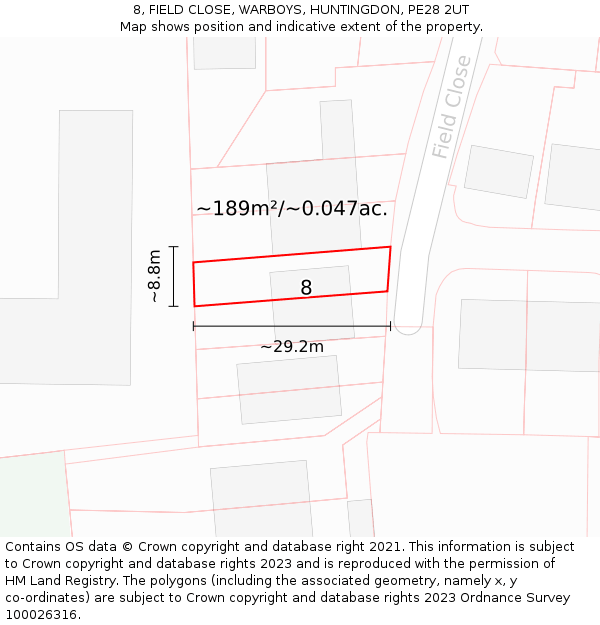 8, FIELD CLOSE, WARBOYS, HUNTINGDON, PE28 2UT: Plot and title map