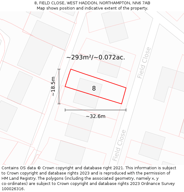 8, FIELD CLOSE, WEST HADDON, NORTHAMPTON, NN6 7AB: Plot and title map
