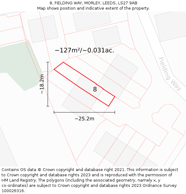 8, FIELDING WAY, MORLEY, LEEDS, LS27 9AB: Plot and title map