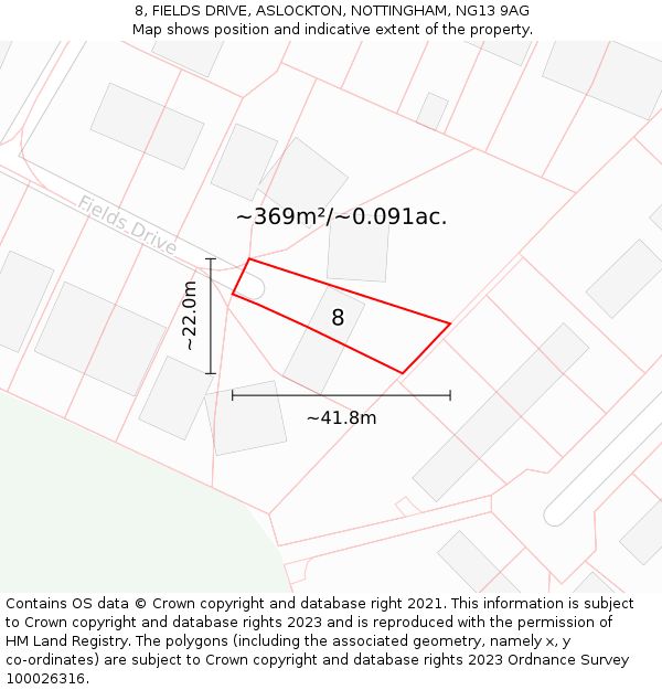 8, FIELDS DRIVE, ASLOCKTON, NOTTINGHAM, NG13 9AG: Plot and title map