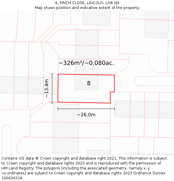 8, FINCH CLOSE, LINCOLN, LN6 0JX: Plot and title map
