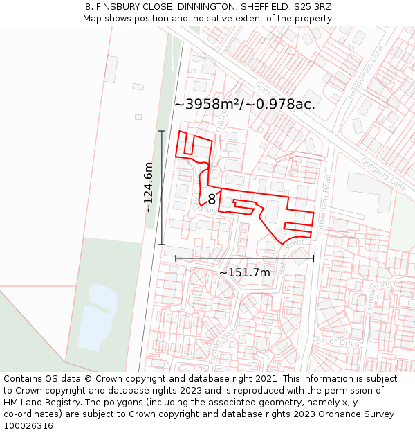 8, FINSBURY CLOSE, DINNINGTON, SHEFFIELD, S25 3RZ: Plot and title map