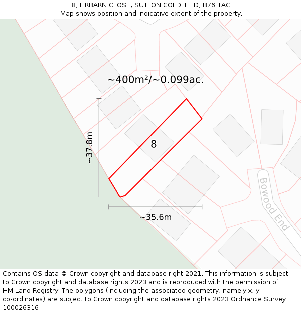 8, FIRBARN CLOSE, SUTTON COLDFIELD, B76 1AG: Plot and title map
