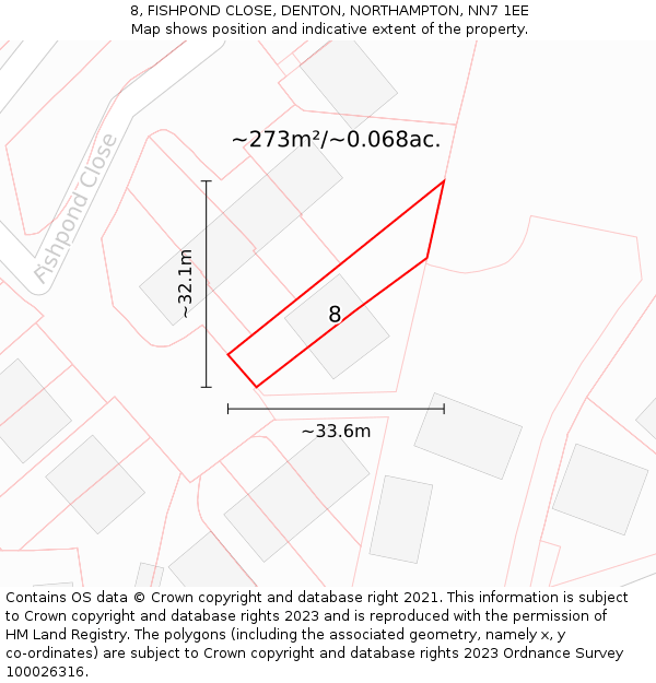 8, FISHPOND CLOSE, DENTON, NORTHAMPTON, NN7 1EE: Plot and title map