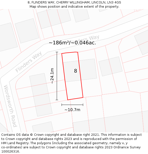 8, FLINDERS WAY, CHERRY WILLINGHAM, LINCOLN, LN3 4GS: Plot and title map