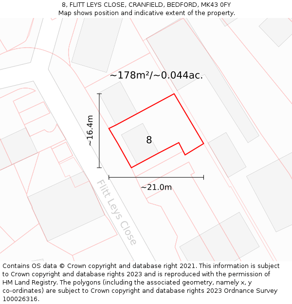 8, FLITT LEYS CLOSE, CRANFIELD, BEDFORD, MK43 0FY: Plot and title map