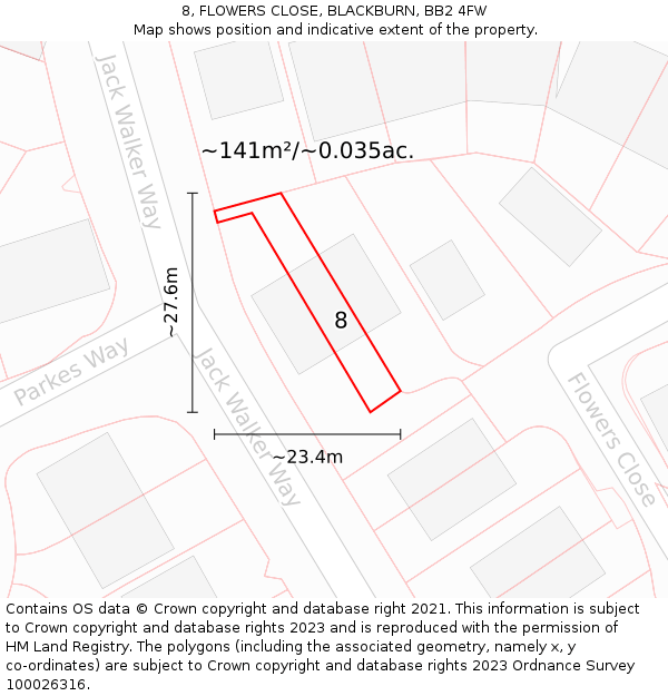 8, FLOWERS CLOSE, BLACKBURN, BB2 4FW: Plot and title map