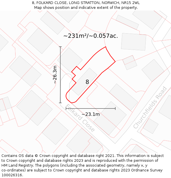 8, FOLKARD CLOSE, LONG STRATTON, NORWICH, NR15 2WL: Plot and title map