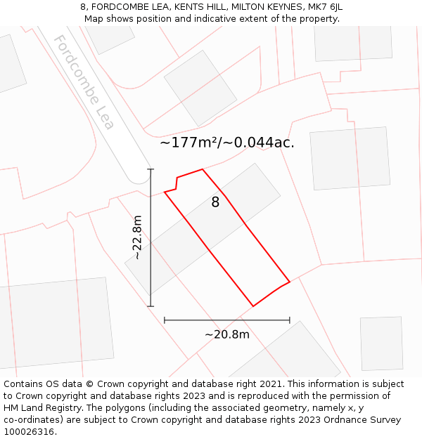8, FORDCOMBE LEA, KENTS HILL, MILTON KEYNES, MK7 6JL: Plot and title map