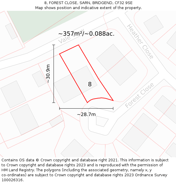 8, FOREST CLOSE, SARN, BRIDGEND, CF32 9SE: Plot and title map