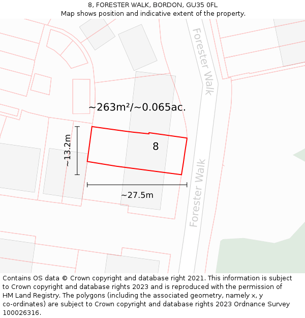 8, FORESTER WALK, BORDON, GU35 0FL: Plot and title map