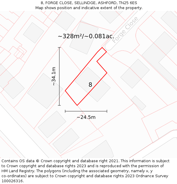8, FORGE CLOSE, SELLINDGE, ASHFORD, TN25 6ES: Plot and title map