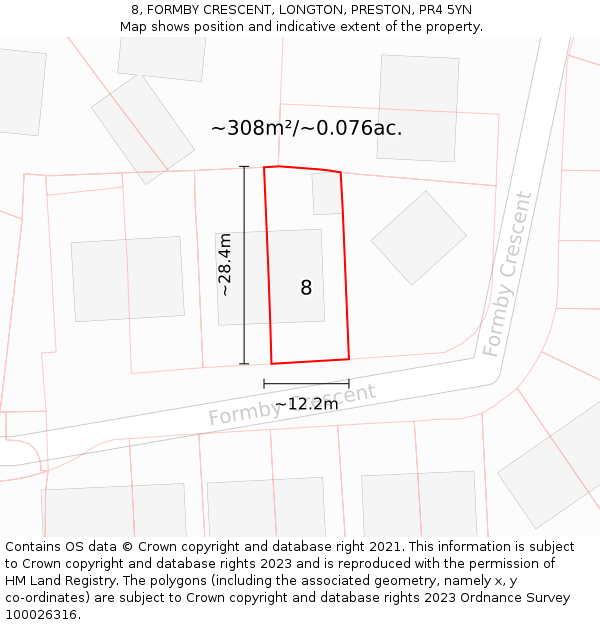 8, FORMBY CRESCENT, LONGTON, PRESTON, PR4 5YN: Plot and title map