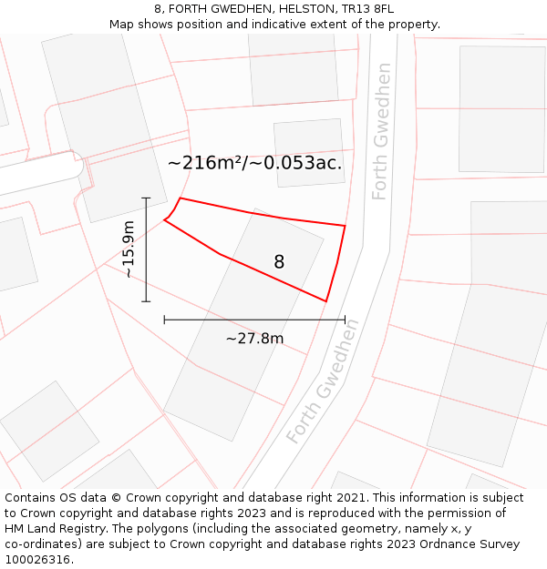 8, FORTH GWEDHEN, HELSTON, TR13 8FL: Plot and title map