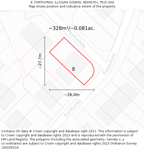 8, FORTHVRAS, ILLOGAN DOWNS, REDRUTH, TR15 3XQ: Plot and title map