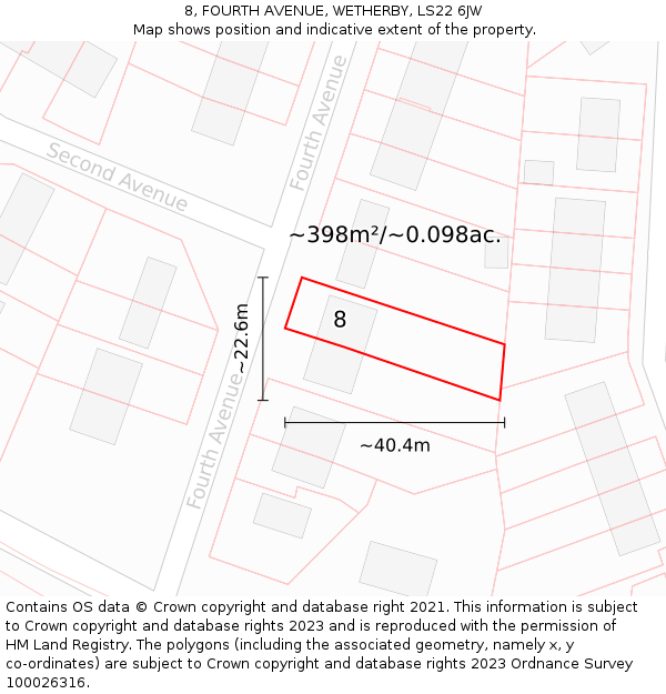 8, FOURTH AVENUE, WETHERBY, LS22 6JW: Plot and title map