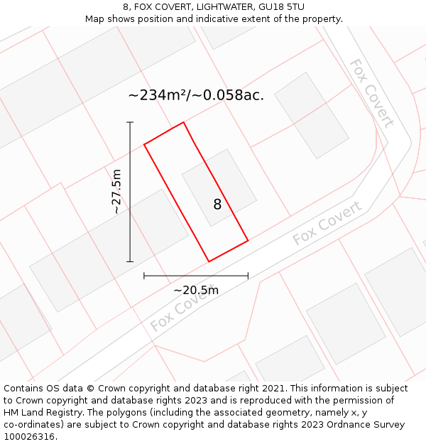 8, FOX COVERT, LIGHTWATER, GU18 5TU: Plot and title map