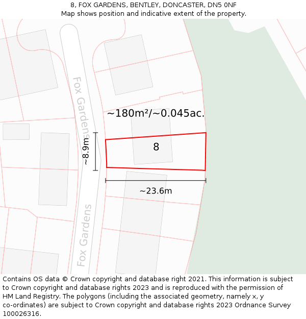 8, FOX GARDENS, BENTLEY, DONCASTER, DN5 0NF: Plot and title map