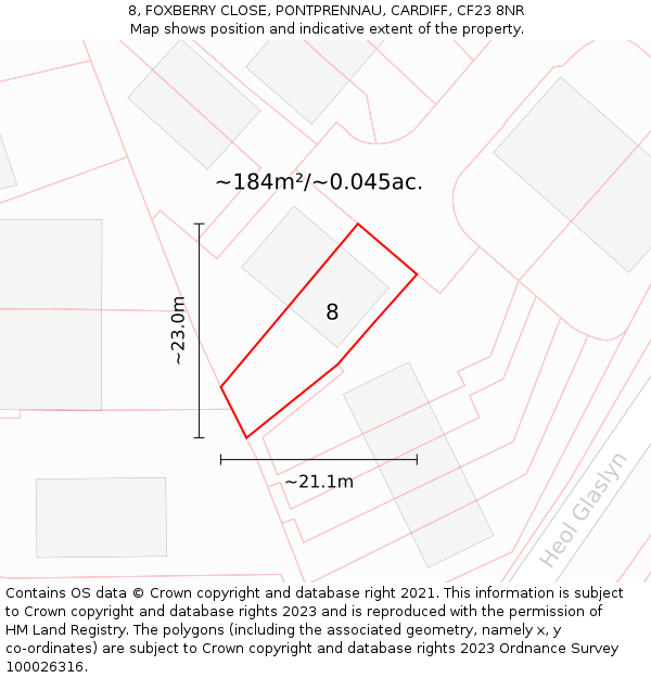 8, FOXBERRY CLOSE, PONTPRENNAU, CARDIFF, CF23 8NR: Plot and title map
