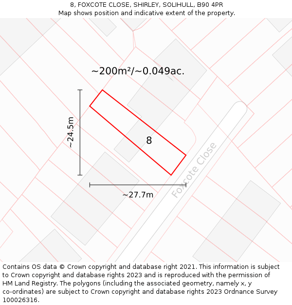 8, FOXCOTE CLOSE, SHIRLEY, SOLIHULL, B90 4PR: Plot and title map