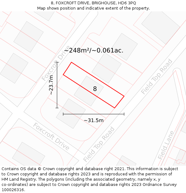 8, FOXCROFT DRIVE, BRIGHOUSE, HD6 3PQ: Plot and title map