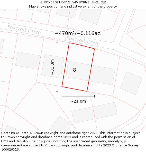 8, FOXCROFT DRIVE, WIMBORNE, BH21 2JZ: Plot and title map