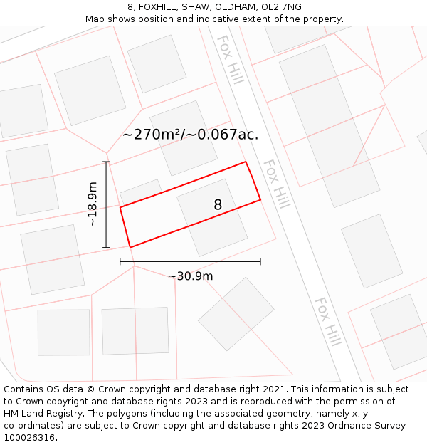 8, FOXHILL, SHAW, OLDHAM, OL2 7NG: Plot and title map