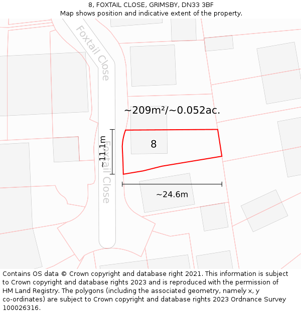 8, FOXTAIL CLOSE, GRIMSBY, DN33 3BF: Plot and title map