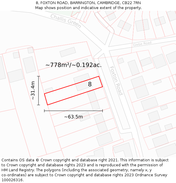 8, FOXTON ROAD, BARRINGTON, CAMBRIDGE, CB22 7RN: Plot and title map
