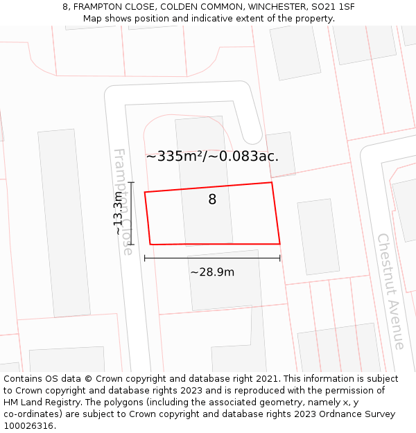 8, FRAMPTON CLOSE, COLDEN COMMON, WINCHESTER, SO21 1SF: Plot and title map