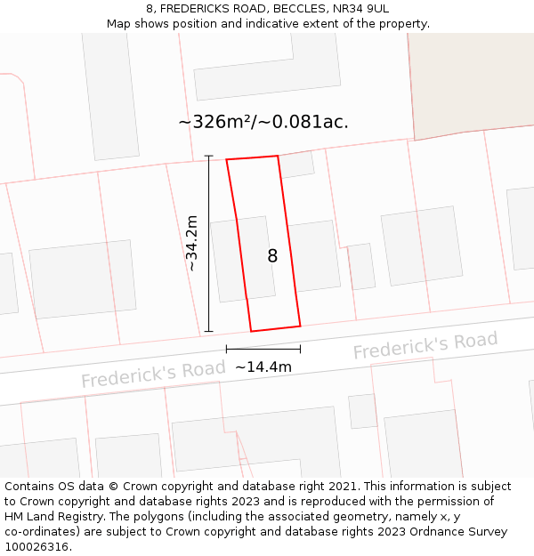 8, FREDERICKS ROAD, BECCLES, NR34 9UL: Plot and title map