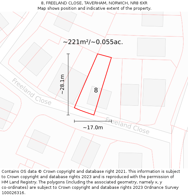 8, FREELAND CLOSE, TAVERHAM, NORWICH, NR8 6XR: Plot and title map