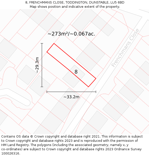 8, FRENCHMANS CLOSE, TODDINGTON, DUNSTABLE, LU5 6BD: Plot and title map