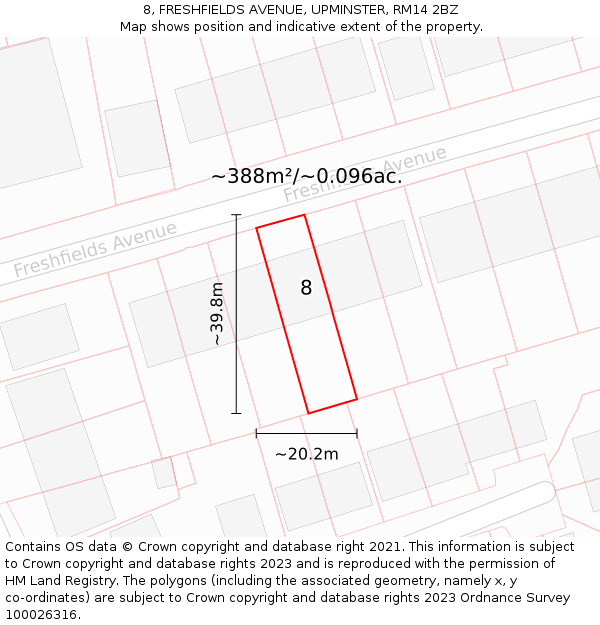 8, FRESHFIELDS AVENUE, UPMINSTER, RM14 2BZ: Plot and title map
