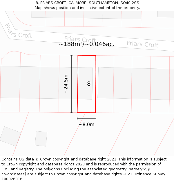 8, FRIARS CROFT, CALMORE, SOUTHAMPTON, SO40 2SS: Plot and title map