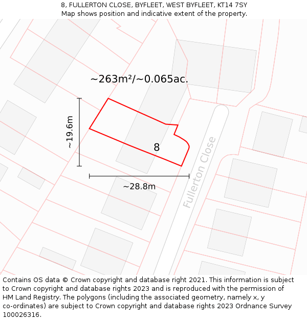 8, FULLERTON CLOSE, BYFLEET, WEST BYFLEET, KT14 7SY: Plot and title map