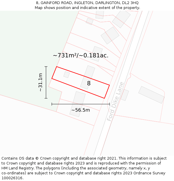 8, GAINFORD ROAD, INGLETON, DARLINGTON, DL2 3HQ: Plot and title map