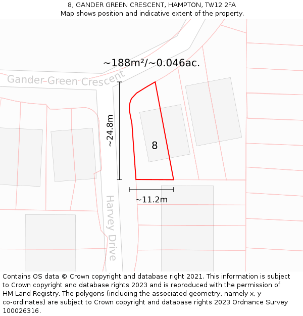 8, GANDER GREEN CRESCENT, HAMPTON, TW12 2FA: Plot and title map