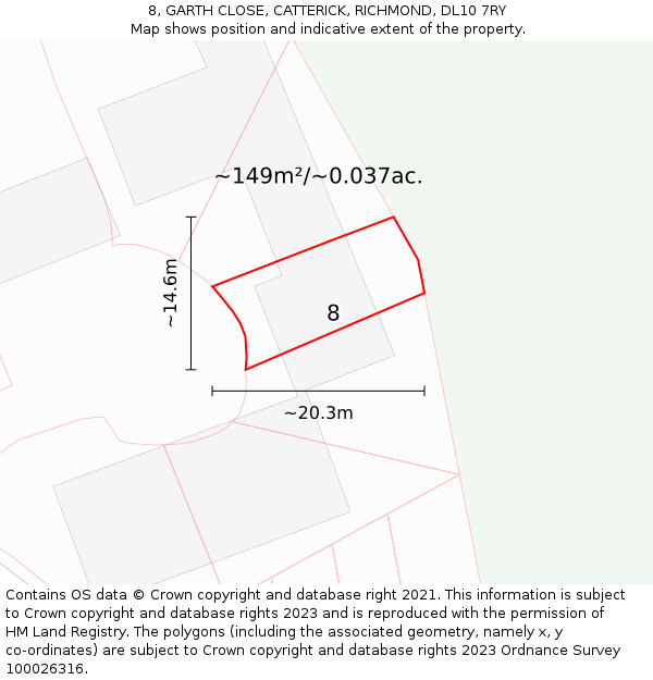 8, GARTH CLOSE, CATTERICK, RICHMOND, DL10 7RY: Plot and title map