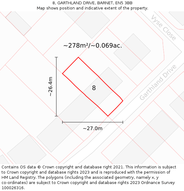 8, GARTHLAND DRIVE, BARNET, EN5 3BB: Plot and title map