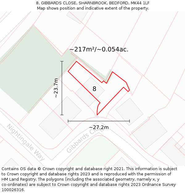 8, GIBBARDS CLOSE, SHARNBROOK, BEDFORD, MK44 1LF: Plot and title map