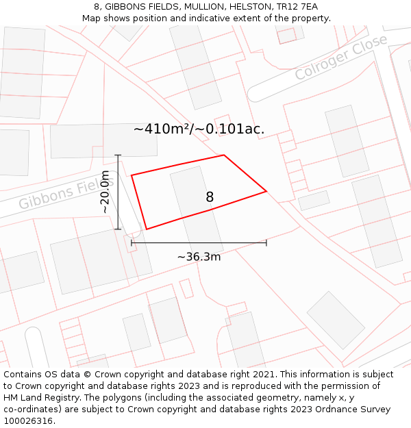8, GIBBONS FIELDS, MULLION, HELSTON, TR12 7EA: Plot and title map