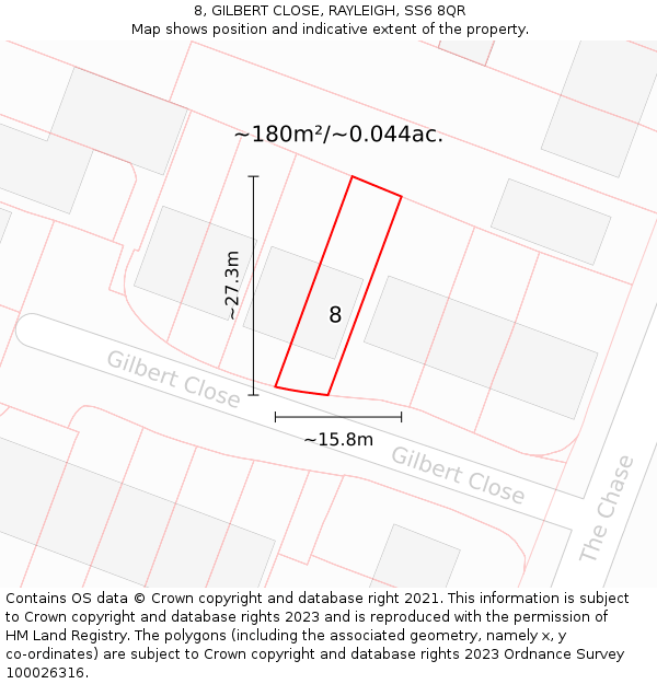 8, GILBERT CLOSE, RAYLEIGH, SS6 8QR: Plot and title map