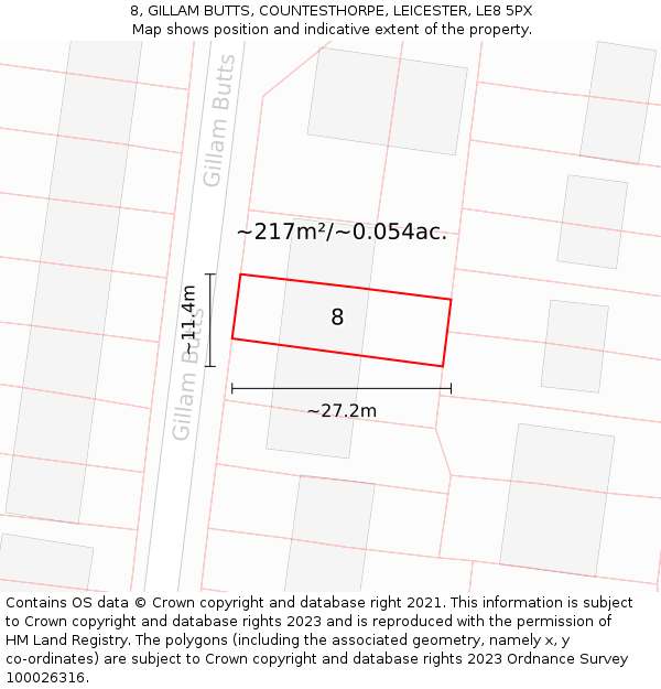 8, GILLAM BUTTS, COUNTESTHORPE, LEICESTER, LE8 5PX: Plot and title map