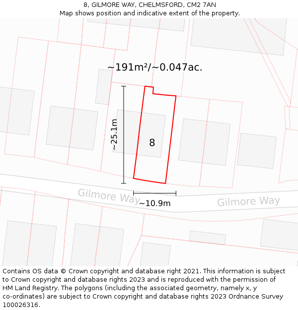 8, GILMORE WAY, CHELMSFORD, CM2 7AN: Plot and title map