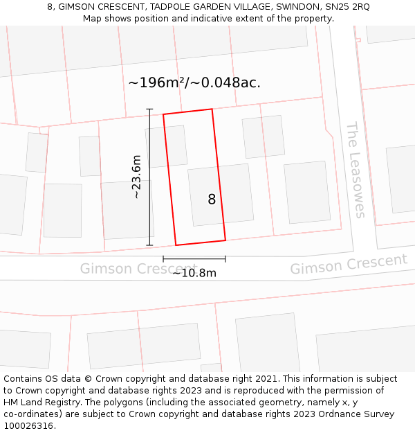 8, GIMSON CRESCENT, TADPOLE GARDEN VILLAGE, SWINDON, SN25 2RQ: Plot and title map